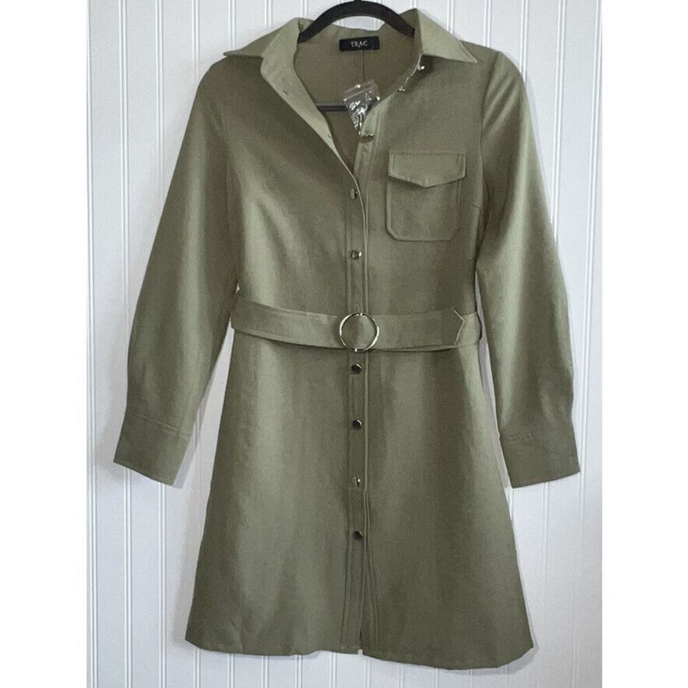 Trac Jacket Dress Womens Small Green Button Down Belted Long Sleeve Front Pocket